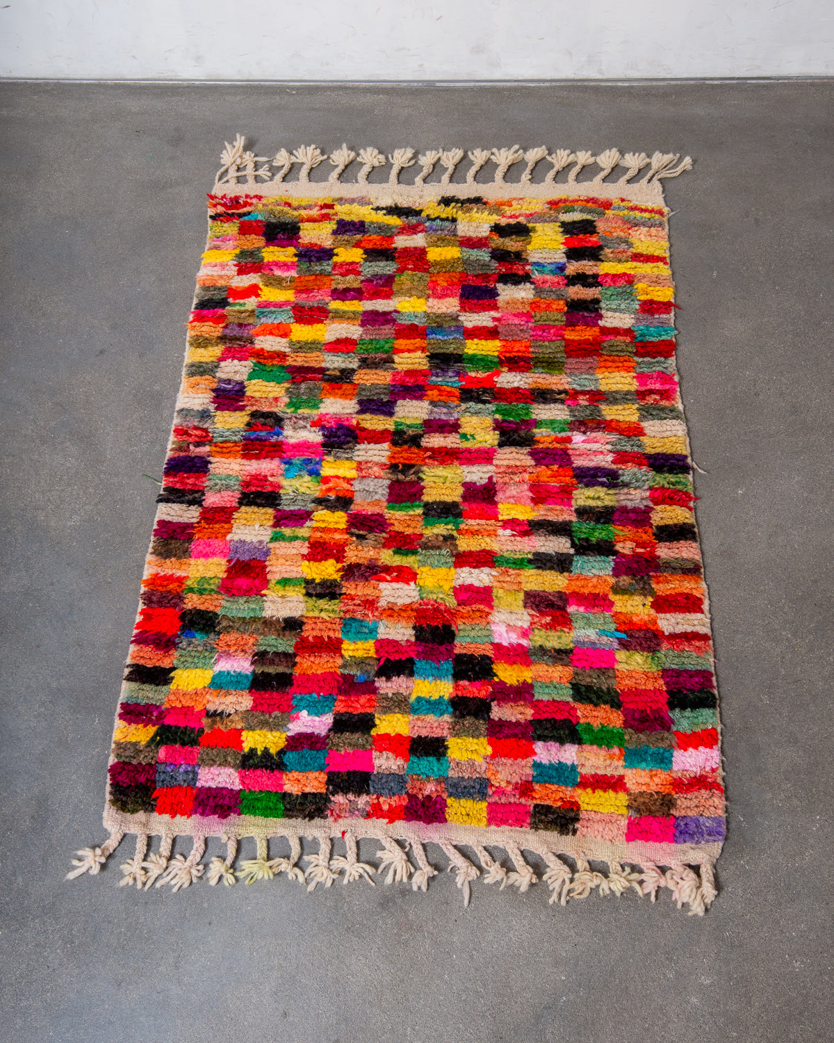 Modern, designer, handcrafted Berber rug from Morocco. Vintage carpet with beautiful colours and patterns and fluffy texture.
